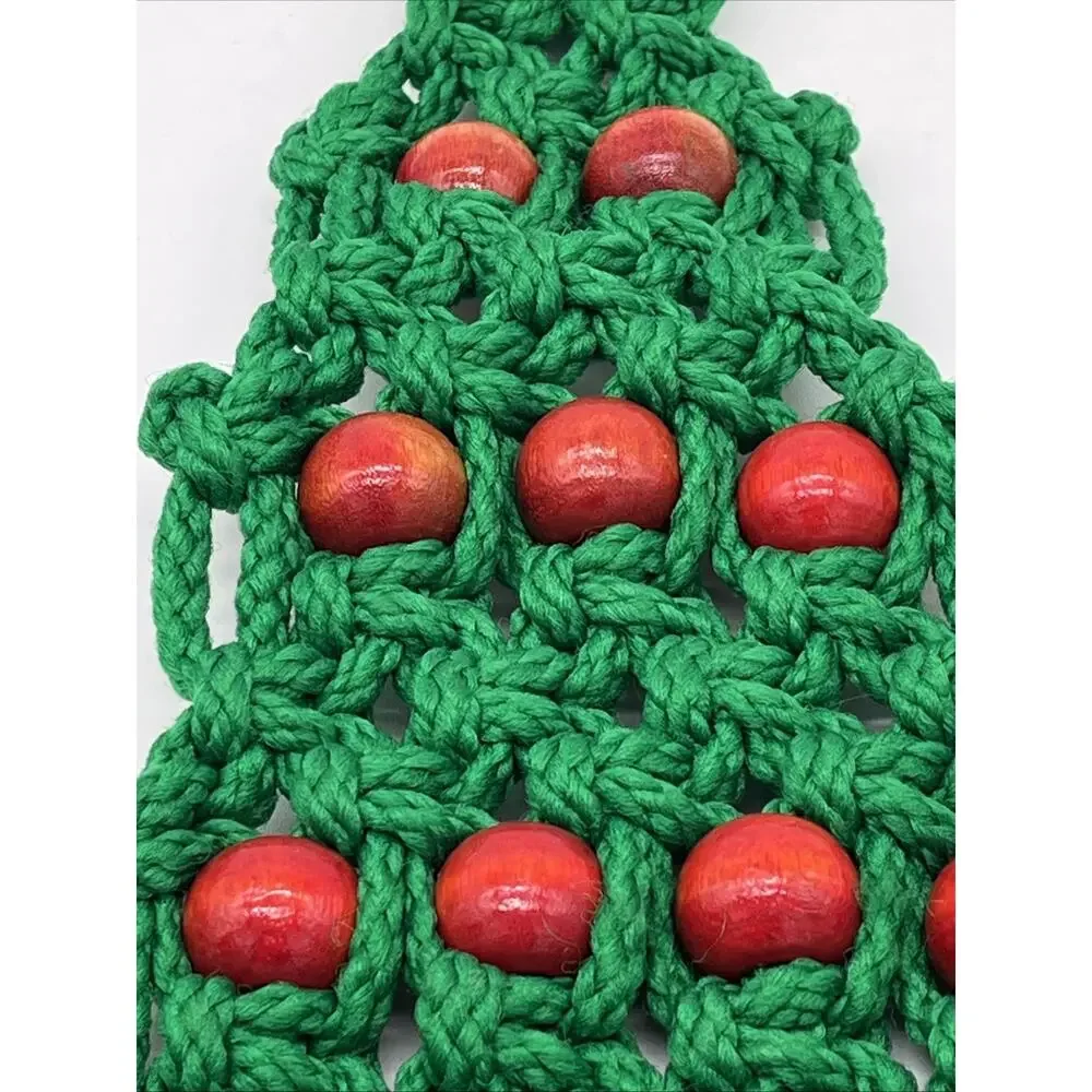 vintage handmade macrame Christmas Tree W Wood Beads Wall Hanging 30”x14” Boho